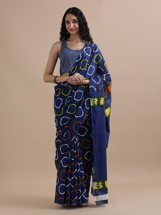 Mul Mul Cotton Printed Sarees - Soft & Stylish Daily Wear - Blue