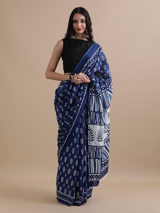 Mul Mul Cotton Printed Sarees - Soft & Stylish Daily Wear - Dark Blue