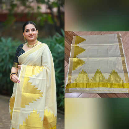 Big Temple Embroidered Tissue Saree – Off-White and Gold Elegance