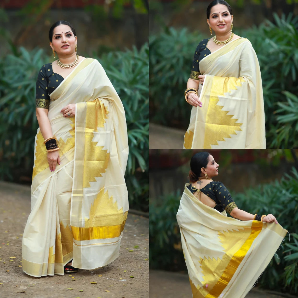 Big Temple Embroidered Tissue Saree – Off-White and Gold Elegance